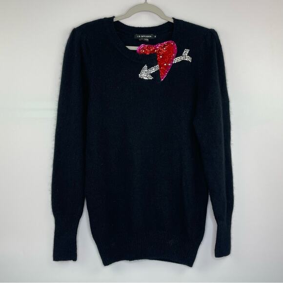 I. B. Diffusion vintage black knit sweater sequin beaded heart size Medium - Picture 2 of 11
